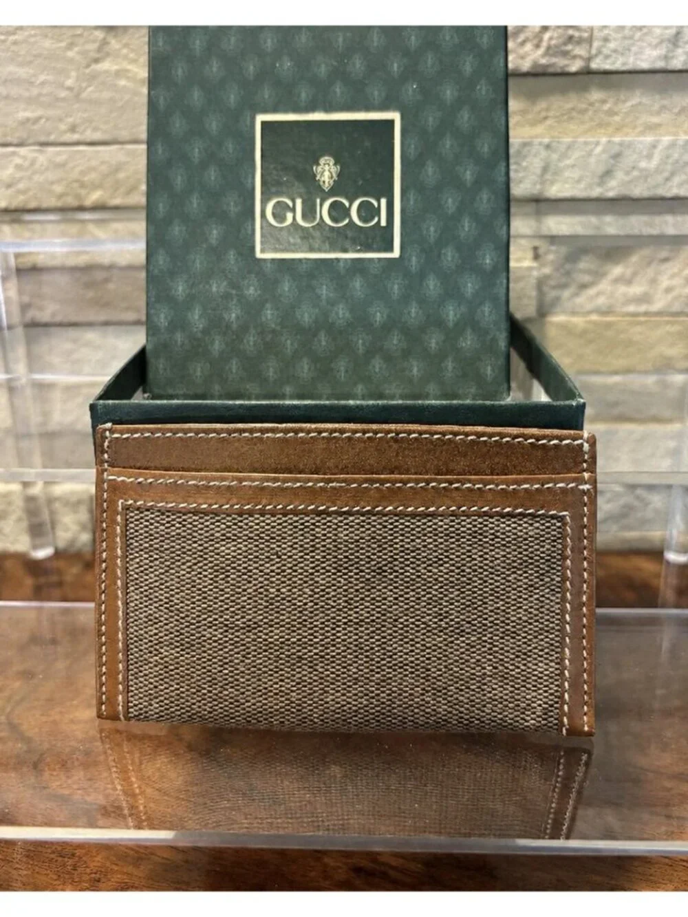 Authentic Vintage Gucci GG Canvas Leather Card Holder Box & COA